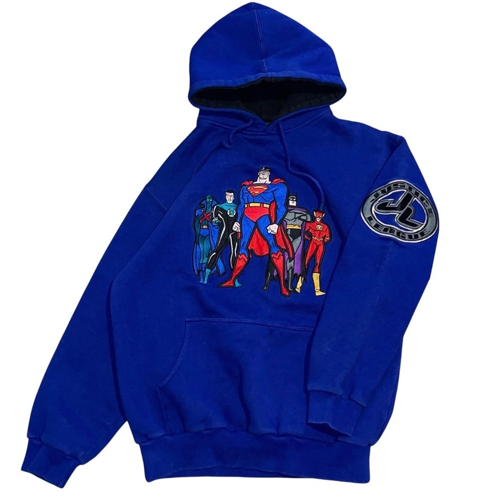 Vintage Justice League Embroidered Hoodie Mens Medium‎ Blue DC Comics Superman
